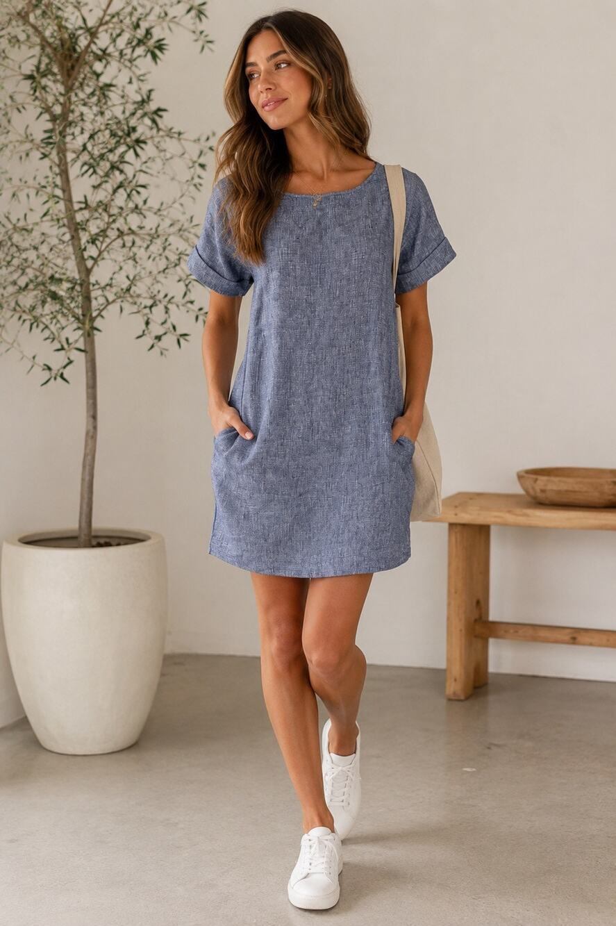 Roberta Roller Rabbit Nora Hinata Linen Shirt Dress Blue Short Sleeve Sz Small
